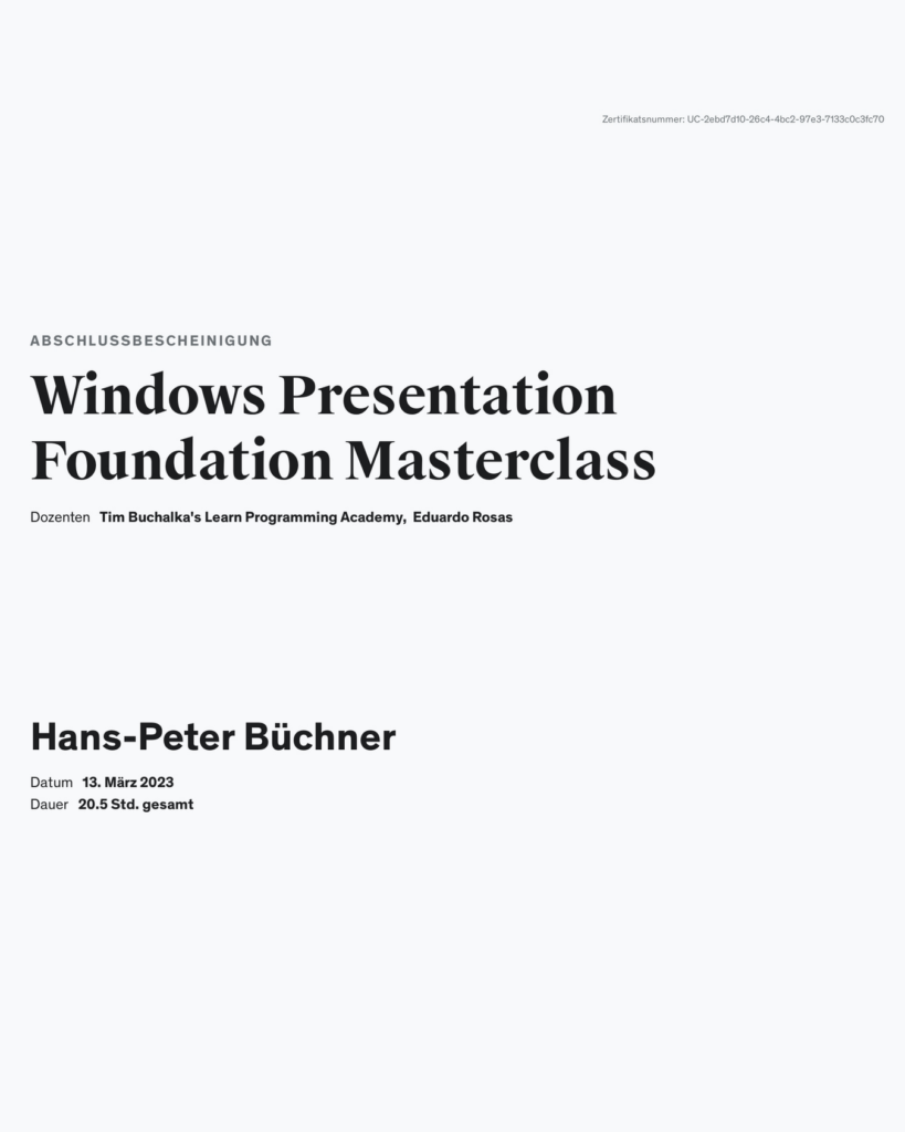 Zertifikat Windows Presentation Foundation Masterclass